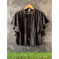 Grey Mirror Embroidery Knot Collar Balloon Top