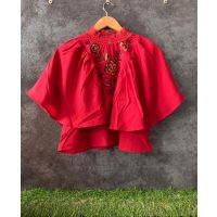 Red Neck Elastic Lace Fully Frill Embroidery Short Top