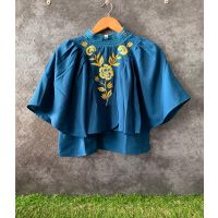 Blue Neck Elastic Lace Fully Frill Embroidery Short Top