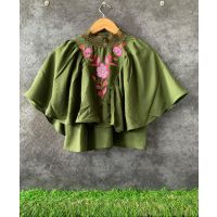 Green Neck Elastic Lace Fully Frill Embroidery Short Top
