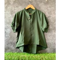 Green Casual Pleated Half Sleeve 2 Button Up Down Top