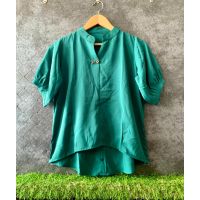 Aqua Green Casual Pleated Half Sleeve 2 Button Up Down Top