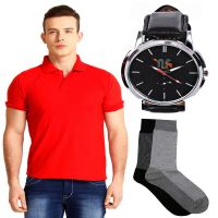 Season Red  T Shirt With 2 Pair Of Socks And Watch
