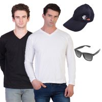 Season Black V-Neck T Shirts 2 T-Shirt with Cap and Sunglasses