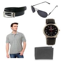 Season Combo Of Gray Cotton Blend Polo T Shirt With Wayfarer Sunglasses, Belt, Watch